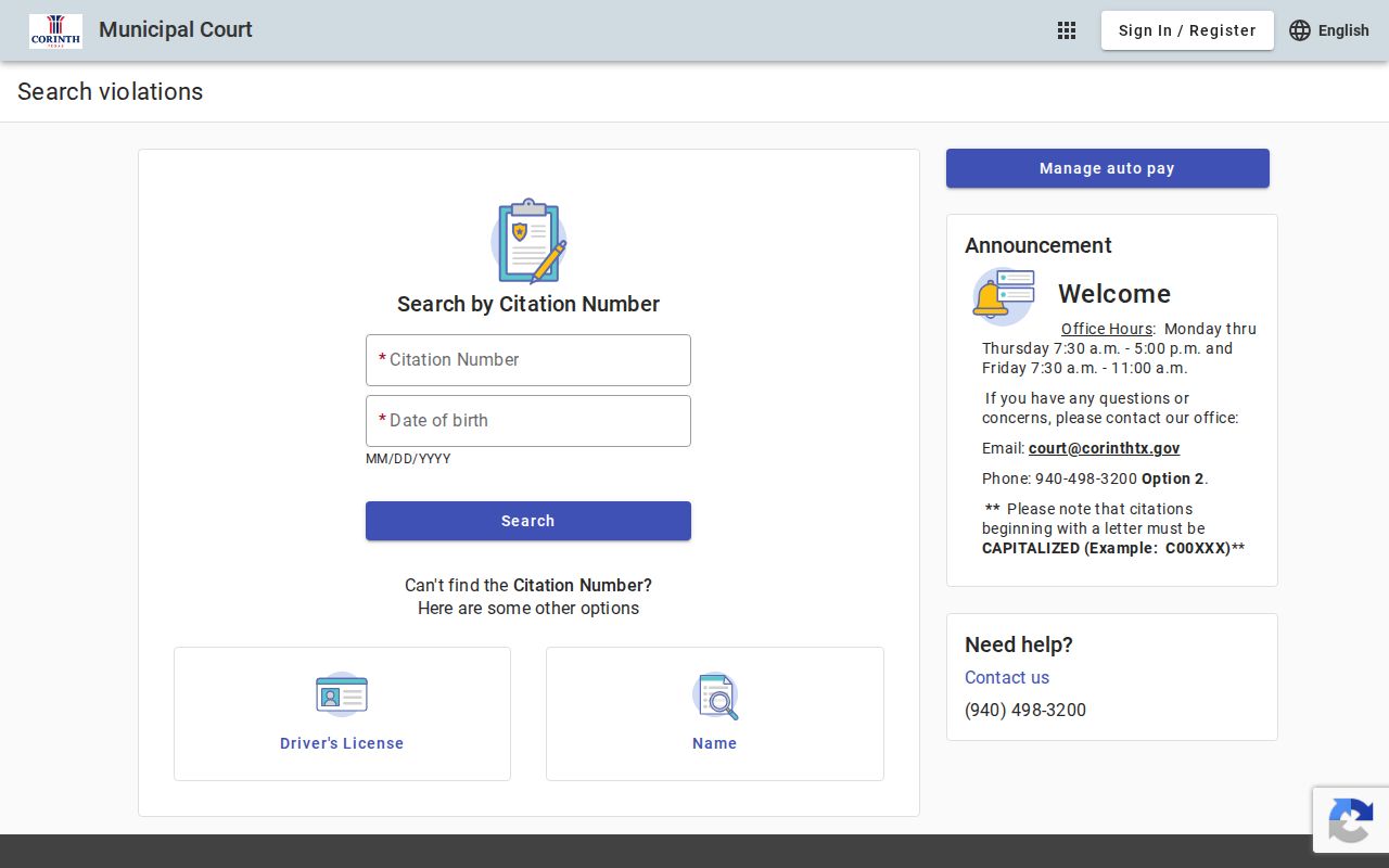 Corinth resident lookup municipal court search modes