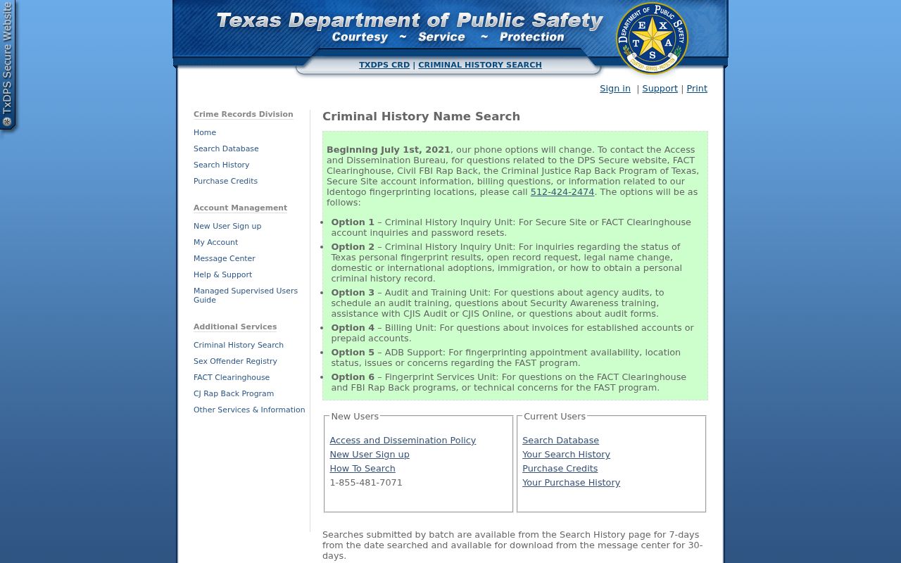 Corinth resident lookup Texas DPS criminal history search interface